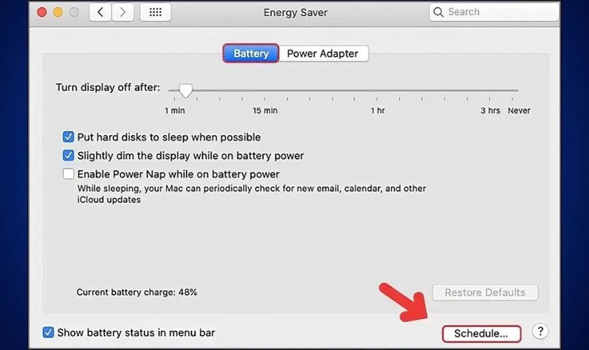 Nhấp vào Schedule trong cài đặt Energy Saver để thiết lập tự động tắt máy MacBook