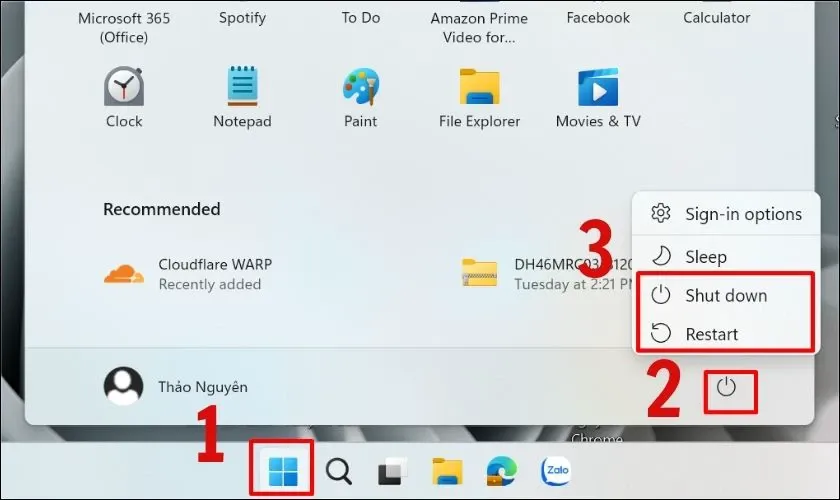 Chọn Restart hoặc Shutdown trong menu Power để hủy tự động tắt máy tính