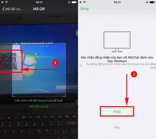 Điện thoại đang quét mã QR hiển thị trên màn hình máy tính, giúp sử dụng wechat trên máy tính.