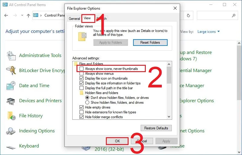 Bỏ chọn Always show icons, never thumbnails trong tab View