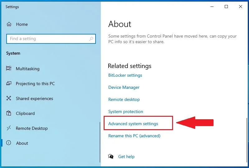 Chọn Advanced Systerm settings trong Properties