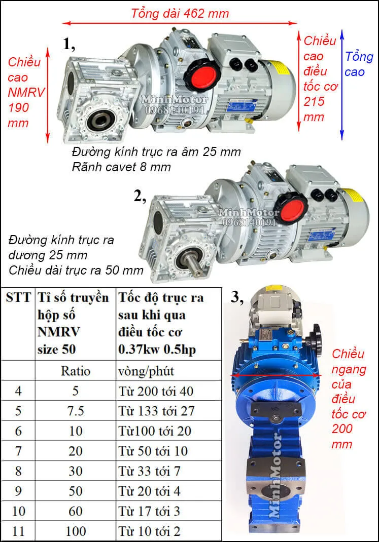 Hộp số giảm tốc trục vít bánh vít 2 cấp NMRV size 50 gắn điều tốc cơ 0.37kw 0.5hp