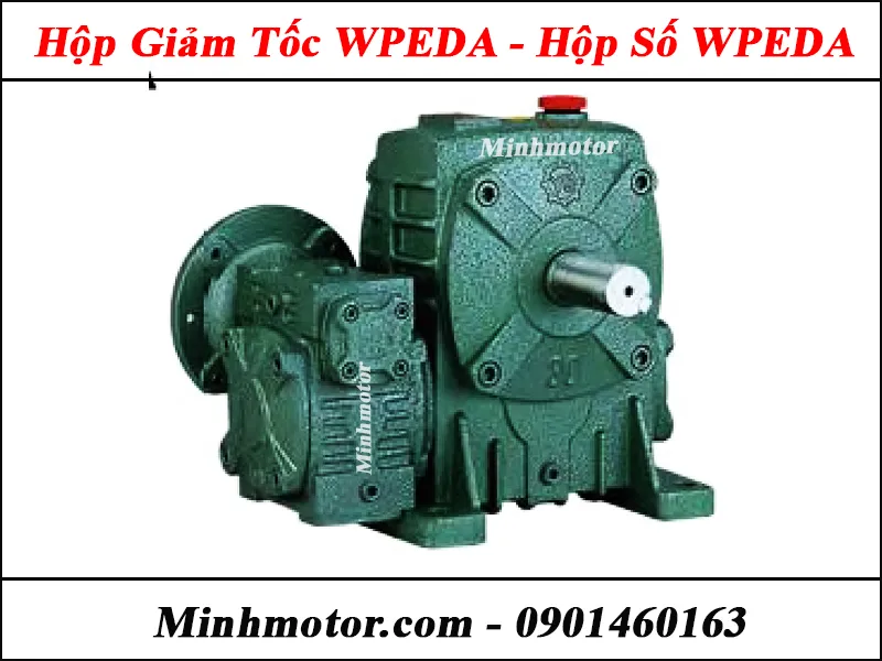 Hộp giảm tốc trục vít bánh vít 2 cấp WPEDA màu xanh với mặt bích trục âm, được thiết kế cho các ứng dụng cần lắp đặt cố định và tải nặng