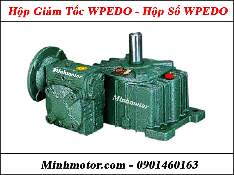 Hộp giảm tốc trục vít bánh vít 2 cấp WPEDO màu xanh dương, với trục ra ngửa lên, tối ưu cho các thiết lập truyền động chuyên biệt
