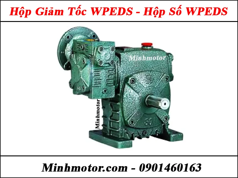 Hộp giảm tốc trục vít bánh vít 2 cấp WPEDS màu xanh, có trục vào mặt bích trục âm phía trên, thiết kế chắc chắn, phù hợp cho nhiều loại động cơ