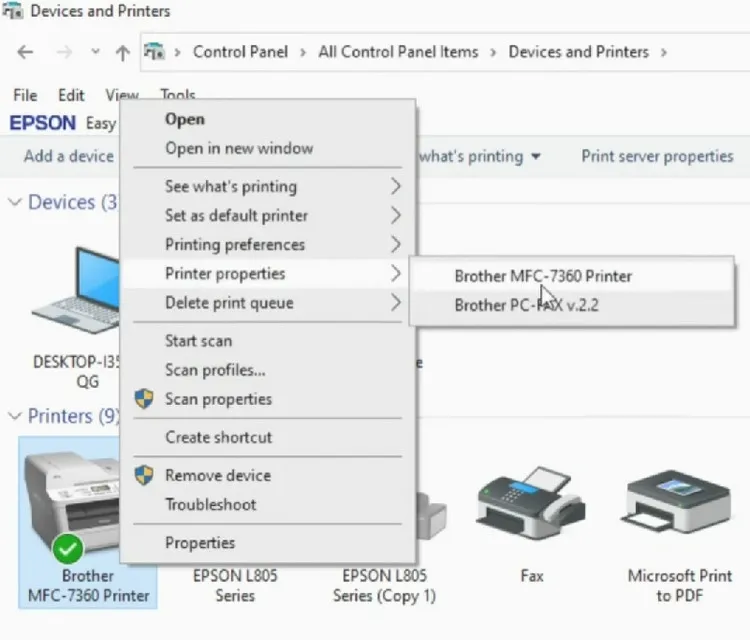 Kiểm tra sự hiện diện của máy in Brother MFC 7360 trong Devices and Printers