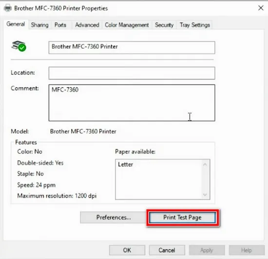 Truy cập cài đặt Properties của máy in Brother MFC 7360