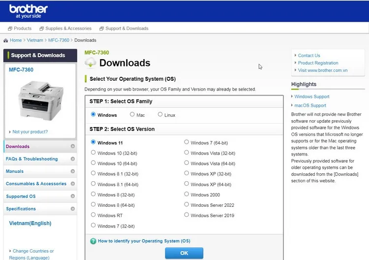 Tìm kiếm và chọn trang web tải driver máy in Brother MFC 7360