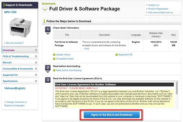 Chọn gói driver và phần mềm đầy đủ cho máy in Brother MFC 7360