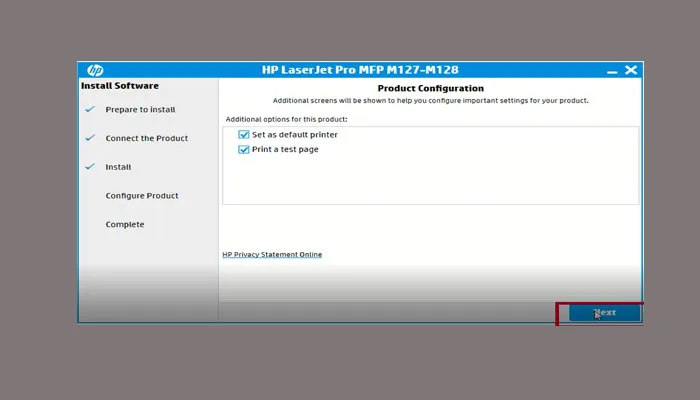 Chọn Next để kết thúc quá trình cài đặt máy in HP M127fn