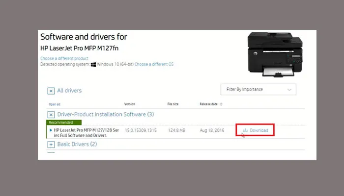Chọn tải xuống driver cho HP M127fn để bắt đầu cài đặt