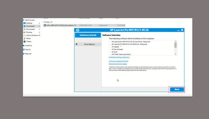 Chọn Next để tiếp tục cài đặt driver máy in HP M127fn