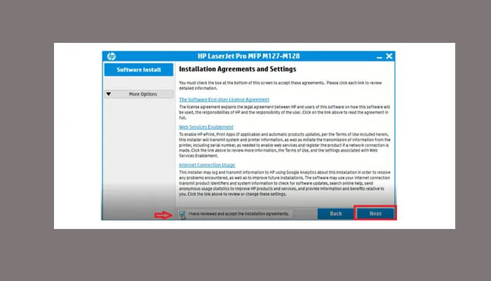 Đồng ý điều khoản và chọn Next khi cài đặt HP M127fn