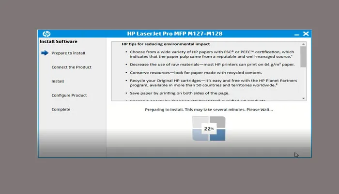 Quá trình cài đặt driver cho máy in HP M127fn đang diễn ra