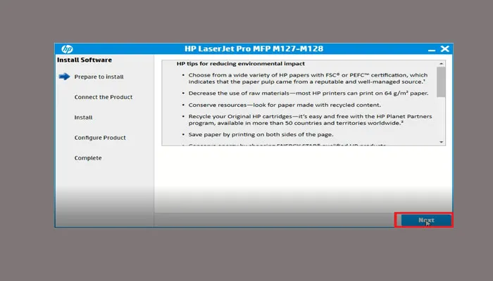 Chọn Next để hoàn tất phần cài đặt cơ bản driver HP M127fn