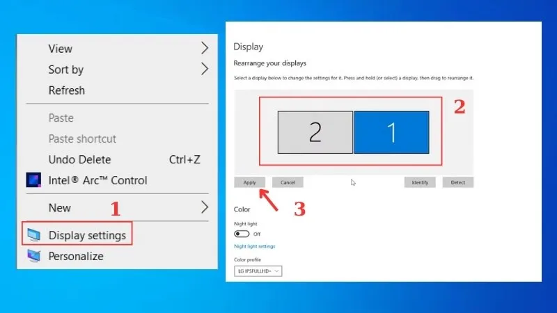 Nhấn chuột trái vào màn hình Desktop &gt; Chọn Display settings 