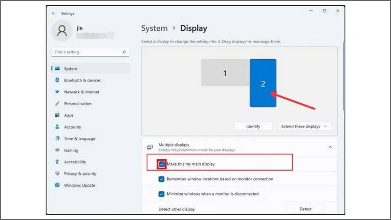 Tích ô liên kết với lựa chọn Make this my main display 