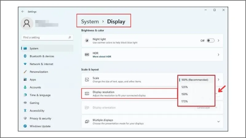 Menu từ Display resolution trong Scale &amp; layout và chọn độ phân giải là xong