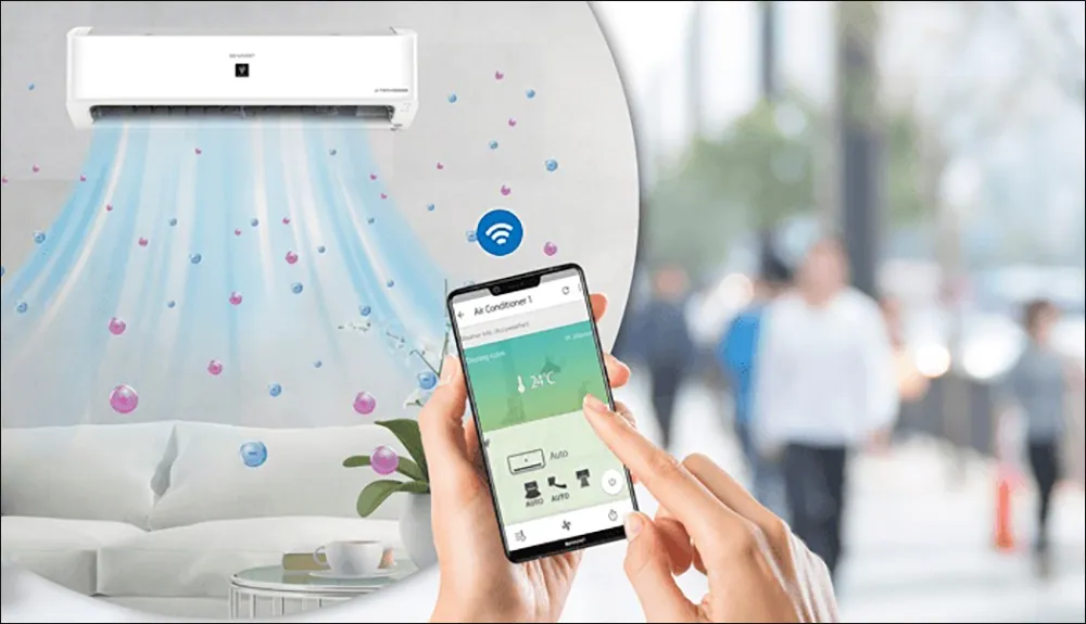 Giao diện ứng dụng Sharp Air App trên điện thoại thông minh để điều khiển máy lạnh Sharp từ xa.