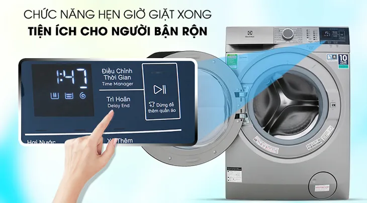Màn hình hiển thị chức năng hẹn giờ Delay End trên máy giặt Electrolux, giúp người dùng linh hoạt quản lý thời gian và cách sử dụng máy giặt Electrolux tiện lợi