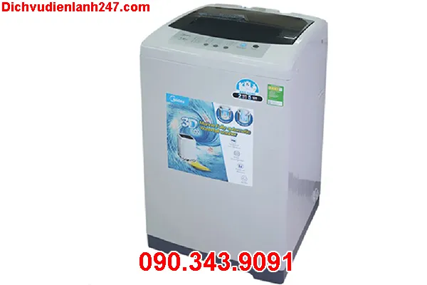 Máy giặt Midea cửa trên đang mở nắp, sẵn sàng cho quần áo vào lồng giặt