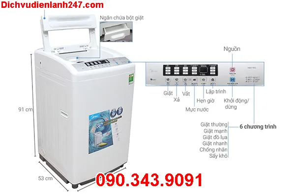 Khay chứa nước giặt, nước xả của máy giặt Midea với ba ngăn riêng biệt