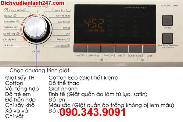 Bảng điều khiển của máy giặt Midea cửa ngang với núm xoay chọn chế độ và màn hình hiển thị