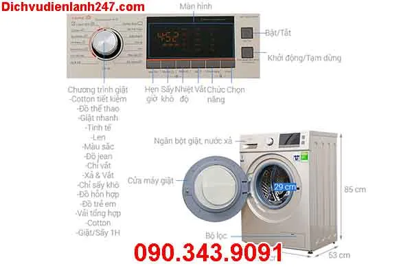Bảng điều khiển máy giặt Midea cửa ngang với các tùy chọn tốc độ vắt và các nút chức năng
