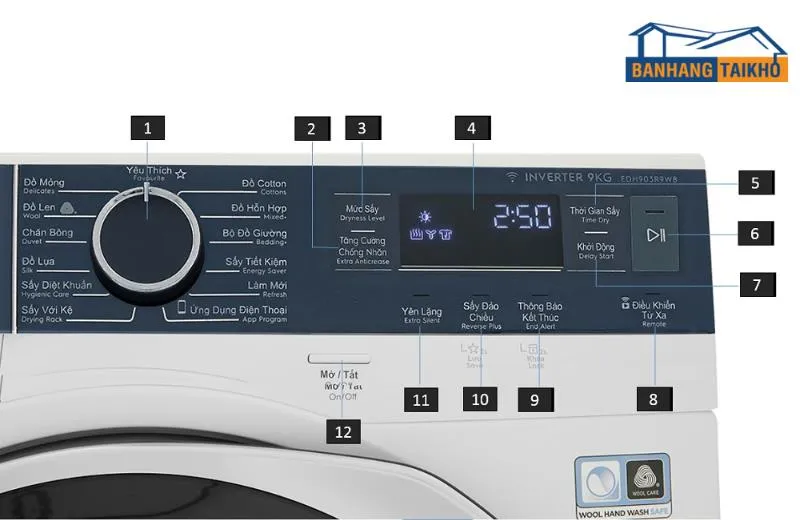 Bảng điều khiển và các nút chức năng trên máy sấy quần áo Electrolux 7kg