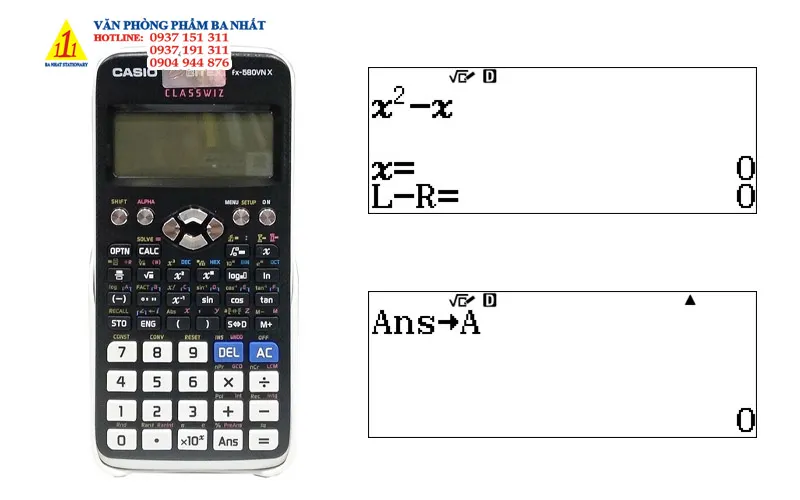 Màn hình máy Casio 580 hiển thị biểu thức giải phương trình x^2 - x = 0