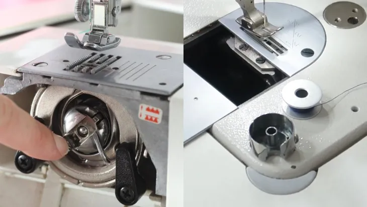 Mở nắp khoang chứa suốt chỉ của máy may mini để tiến hành tháo lắp