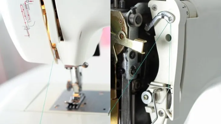 Thực hiện luồn sợi chỉ qua các khe dẫn và cần quấn chỉ trên máy may mini