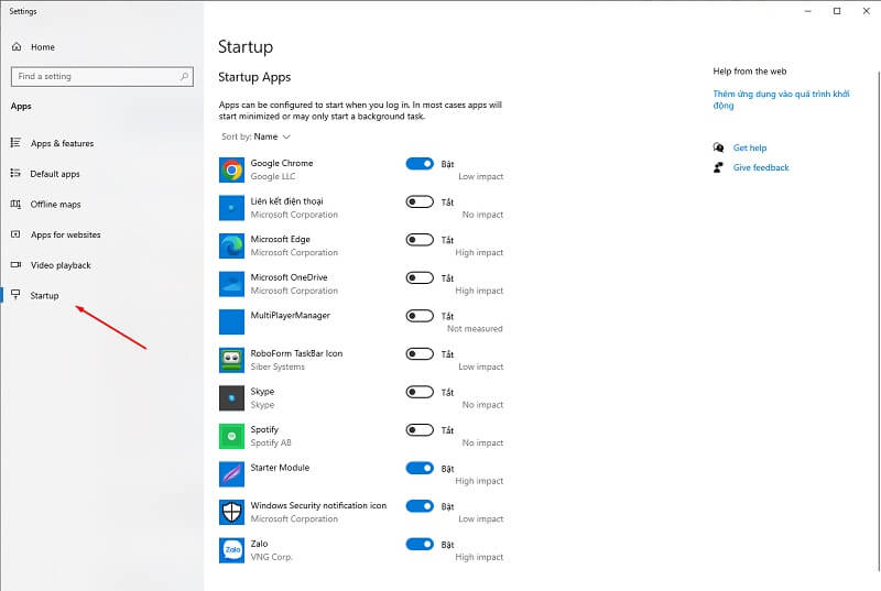 Giao diện quản lý ứng dụng tự chạy khi mở máy trong cài đặt Windows