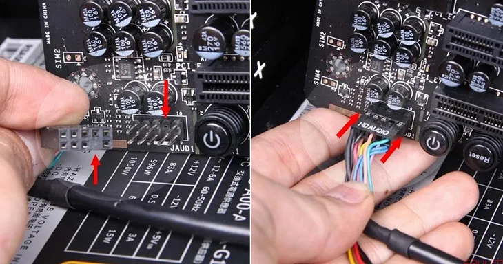 Cắm dây nguồn audio trên bo mạch chủ, đảm bảo hoạt động cho các cổng âm thanh phía trước