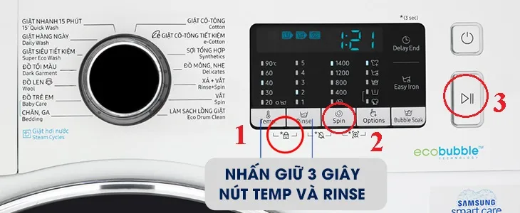 Bảng điều khiển máy giặt Samsung với các nút chức năng, hướng dẫn cách mở cửa bằng chế độ chỉ vắt