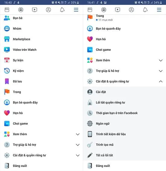 Giao diện cài đặt để mở theo dõi Facebook trên điện thoại
