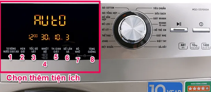 Bảng điều khiển máy giặt Aqua cửa ngang với các tiện ích giặt nâng cao