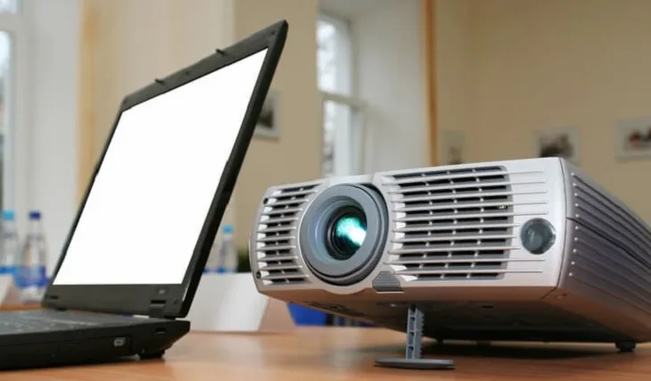 Màn hình laptop hiển thị tín hiệu đã được xuất ra máy chiếu Sanyo, minh họa cách sử dụng máy chiếu Sanyo