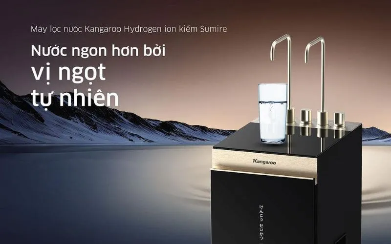 Minh họa Máy lọc nước RO nóng nguội lạnh Hydrogen ion kiềm Kangaroo KGHC12A3 12 lõi, tương tự cách sử dụng máy lọc nước Kangaroo KG10A3