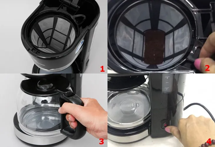 Quy trình đổ nước và cà phê vào máy pha cà phê SimpleHome, bước đầu tiên trong cách sử dụng máy pha cà phê SimpleHome để có tách cà phê thơm ngon.