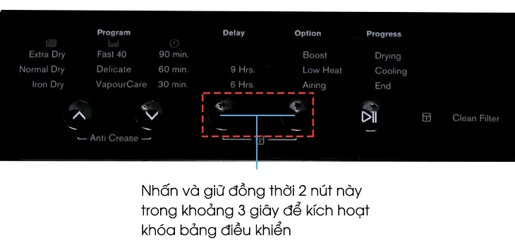 Biểu tượng hoặc đèn báo khóa trẻ em trên bảng điều khiển máy sấy Electrolux EDS7552