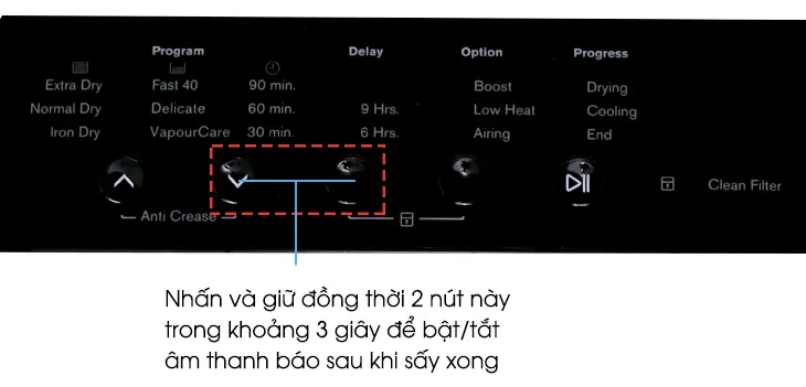 Nút điều khiển hoặc đèn báo liên quan đến cài đặt âm thanh trên máy sấy Electrolux EDS7552