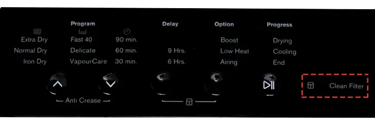 Đèn báo làm sạch bộ lọc xơ vải trên bảng điều khiển máy sấy Electrolux EDS7552