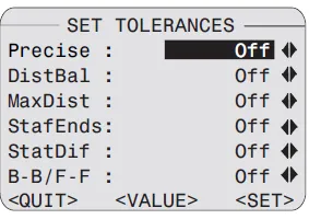 Màn hình cài đặt các thông số dung sai (Tolerances)