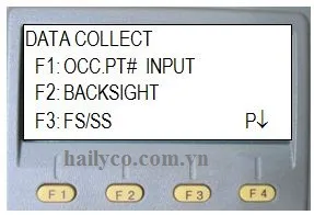 Màn hình DATA COLLECT trên máy toàn đạc Topcon, hiển thị các lựa chọn OCC.PT, BACKSIGHT, FS/SS