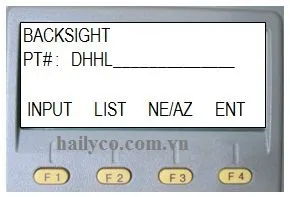 Màn hình khai báo Backsight với các tùy chọn INPUT, LIST, NE/AZ, ENTER