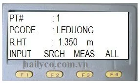 Màn hình đo khảo sát trên máy Topcon, hiển thị tùy chọn INPUT tên điểm và MEAS để đo