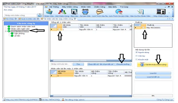 Chọn công ty, nhân viên và máy để tải lên máy chấm công