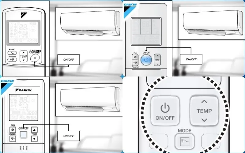 Hướng dẫn allintitle:cách mở máy lạnh Daikin bằng điều khiển từ xa, hiển thị các nút chức năng cơ bản.