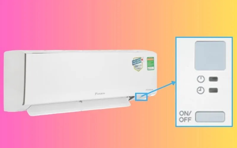 Vị trí nút nguồn vật lý trên dàn lạnh Daikin, hướng dẫn cách mở máy lạnh Daikin thủ công.